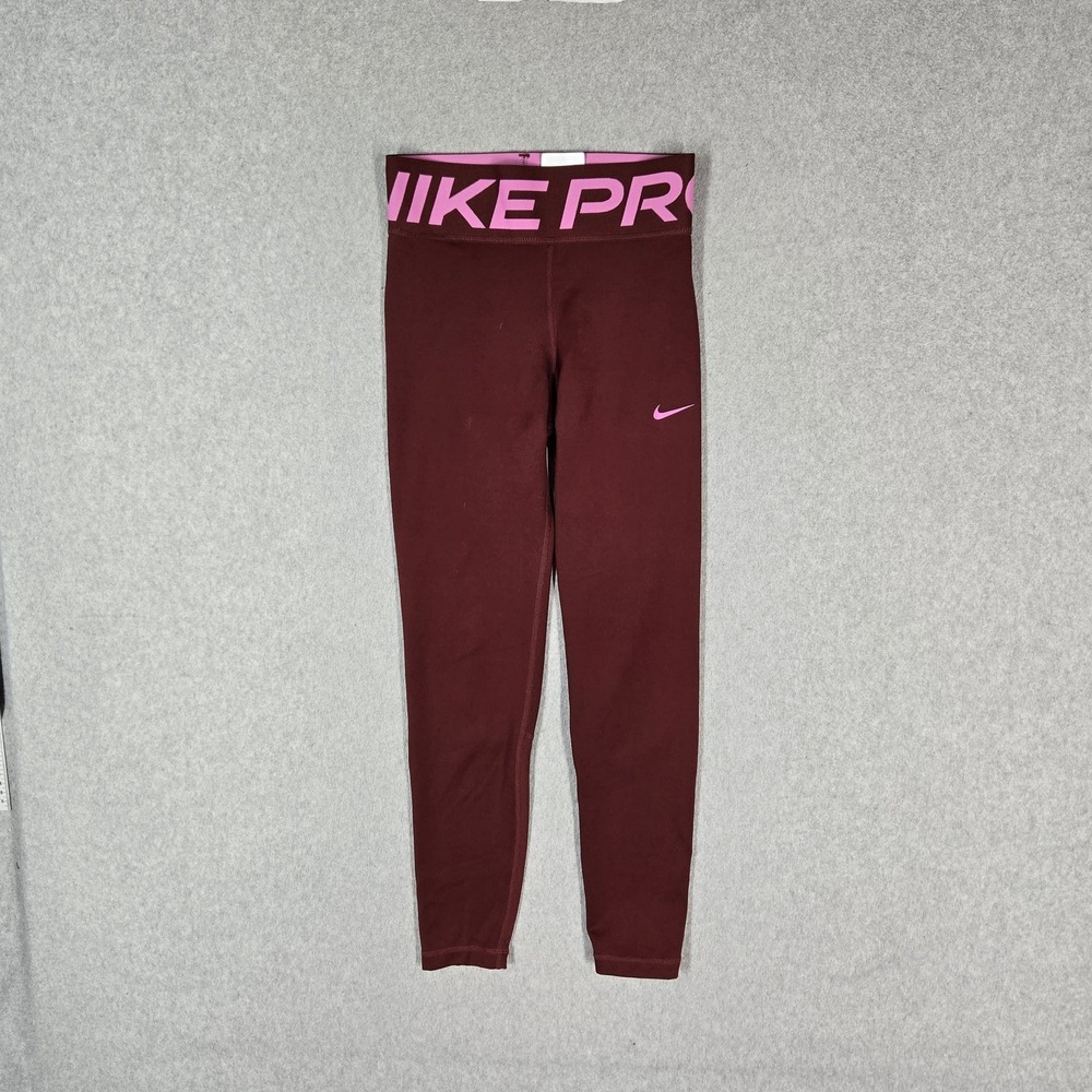 Nike Girl Activewear Pants M Maroon Legging Nike Swoosh Pro Logo Athletic